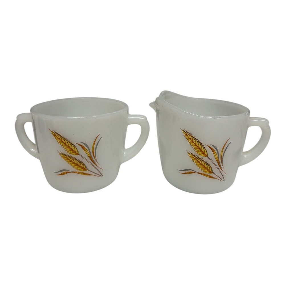 Fire King Vintage Cream And Sugar Set Milk Glass Golden Wheat No Lid EUC